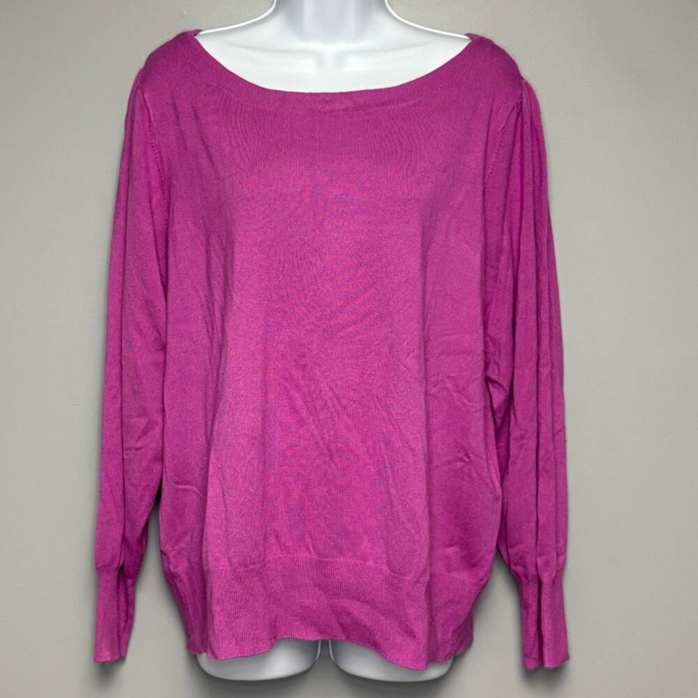 Ann Taylor Factory Pink Purple Preppy Puff Sleeve Boat Neck Top Womens Sz XL
